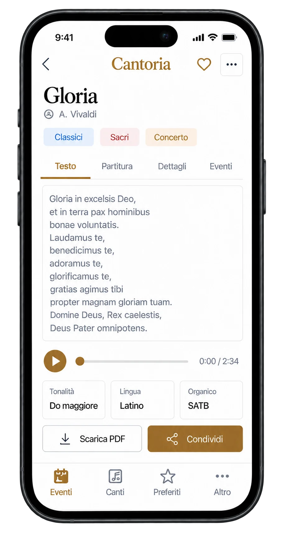 Mockup concettuale mobile della scheda di un canto.
