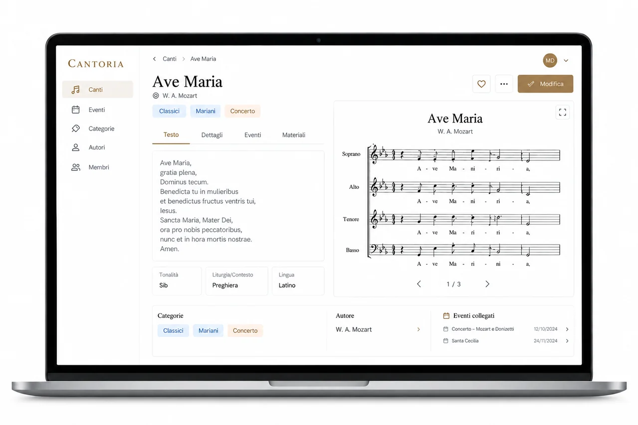 Mockup concettuale desktop di Cantoria con il dettaglio di un canto, i suoi metadati e il testo musicale.