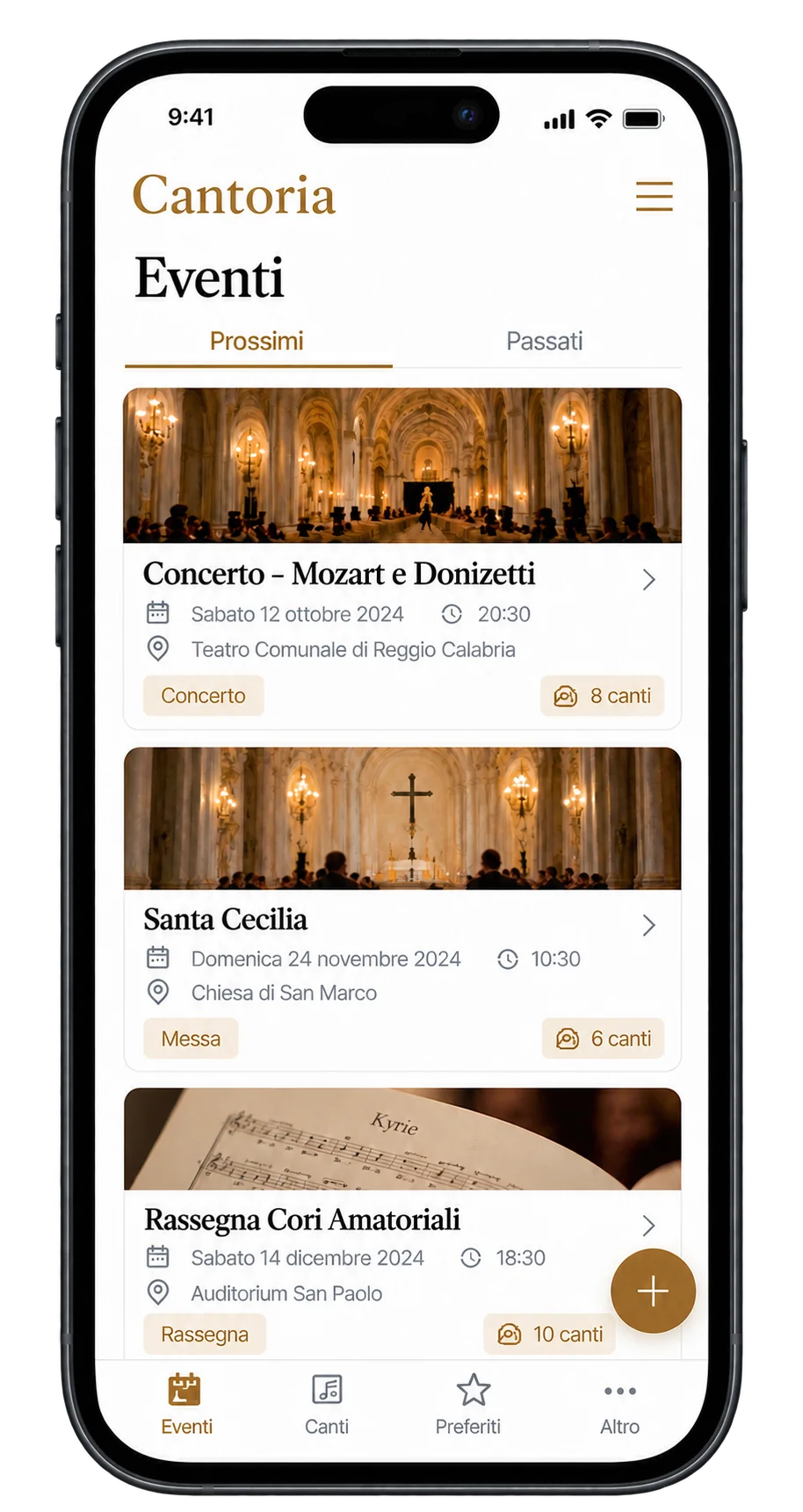 Dettaglio ravvicinato del mockup mobile Cantoria, con la schermata degli eventi.