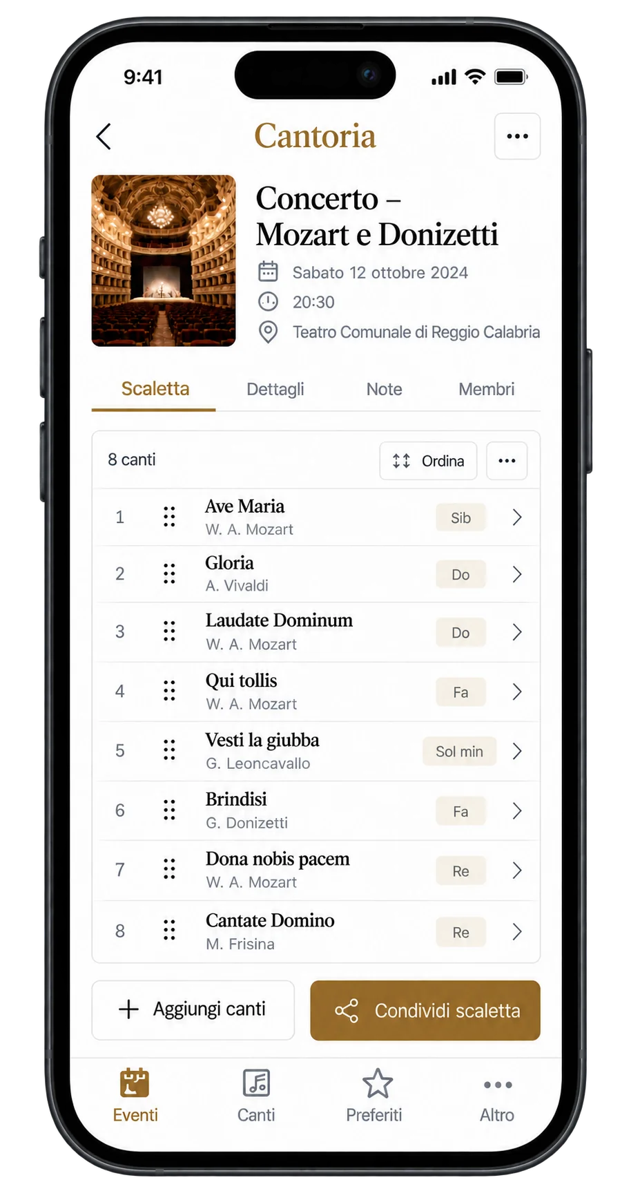 Mockup concettuale mobile di una scaletta con i canti selezionati.