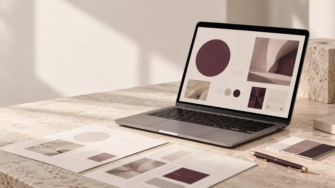 Laptop con un’interfaccia digitale in progettazione, accanto a wireframe e campioni colore.