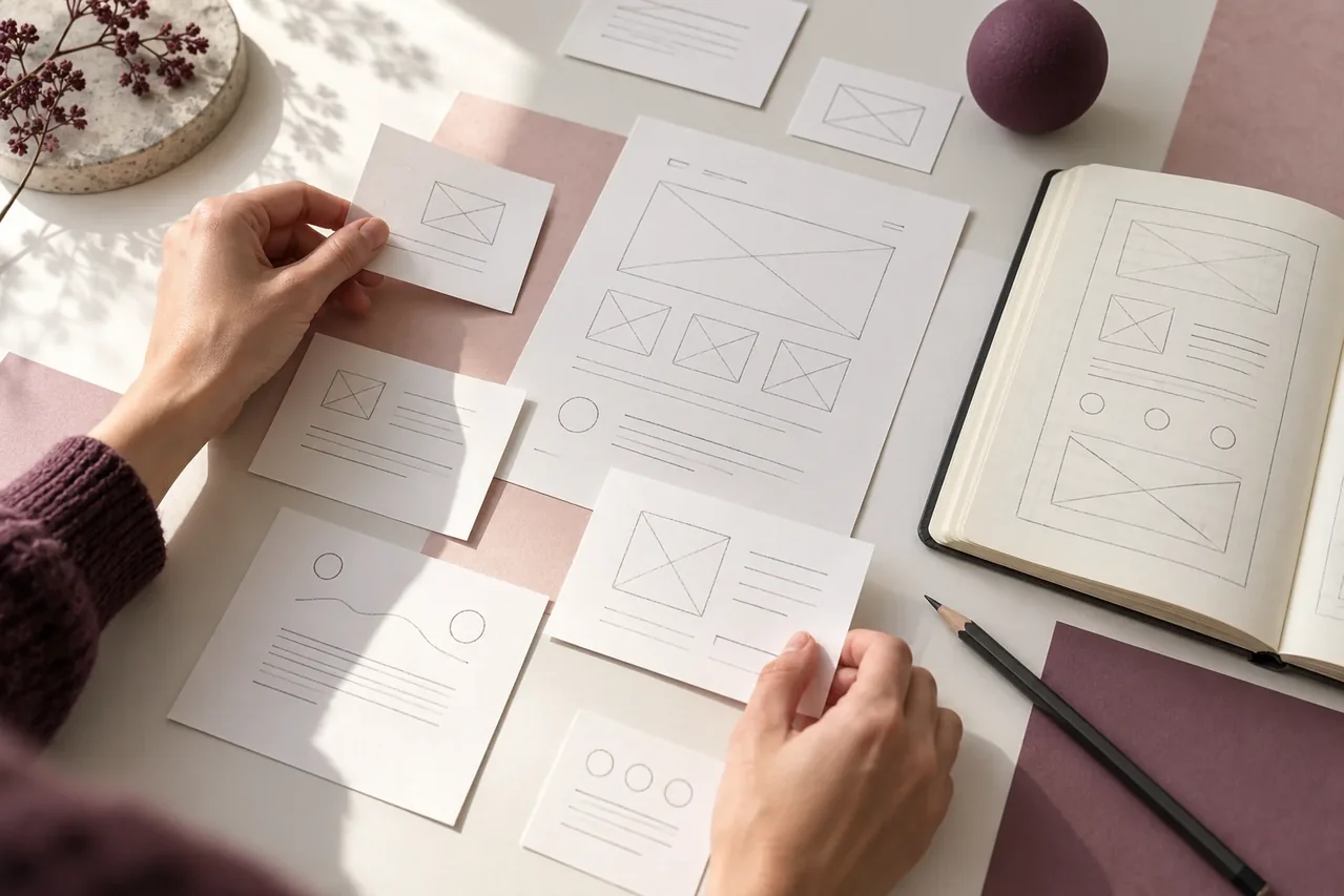 Mani dispongono fogli con schemi di pagine web e appunti su un tavolo di studio