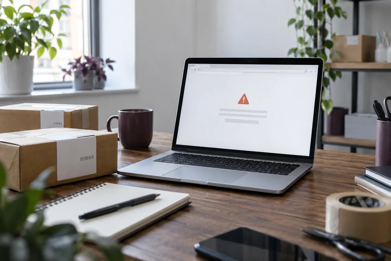 Un portatile mostra un avviso di sito non disponibile su un banco di lavoro con pacchi in attesa di spedizione