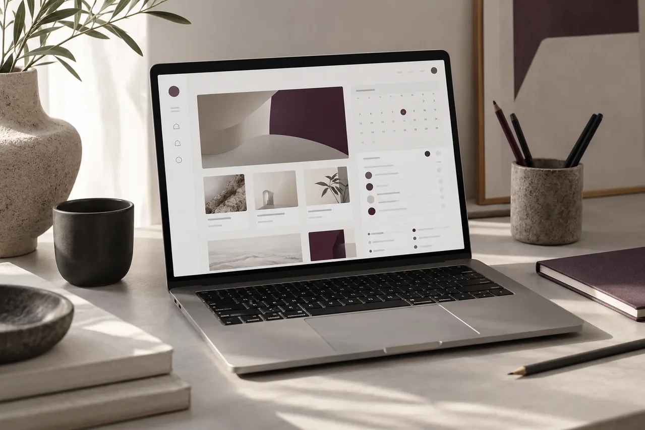 Un portatile mostra una dashboard web essenziale su una scrivania luminosa