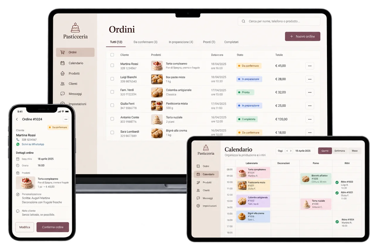 Studio del backoffice per pasticceria su computer, smartphone e tablet: ordini, schede di dettaglio e calendario.